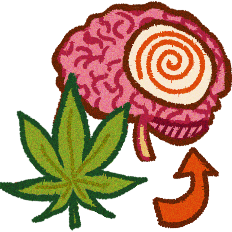 An orange arrow points from a cannabis leaf to a brain with a red and white spiral in it .